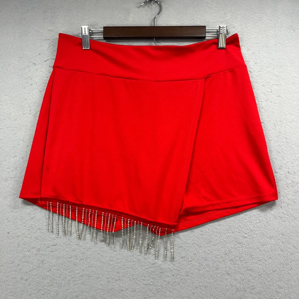 AQ-SPORT Skort Womens Large Red Rhinestone Fringe Wrap Front Sparkly Glam Party